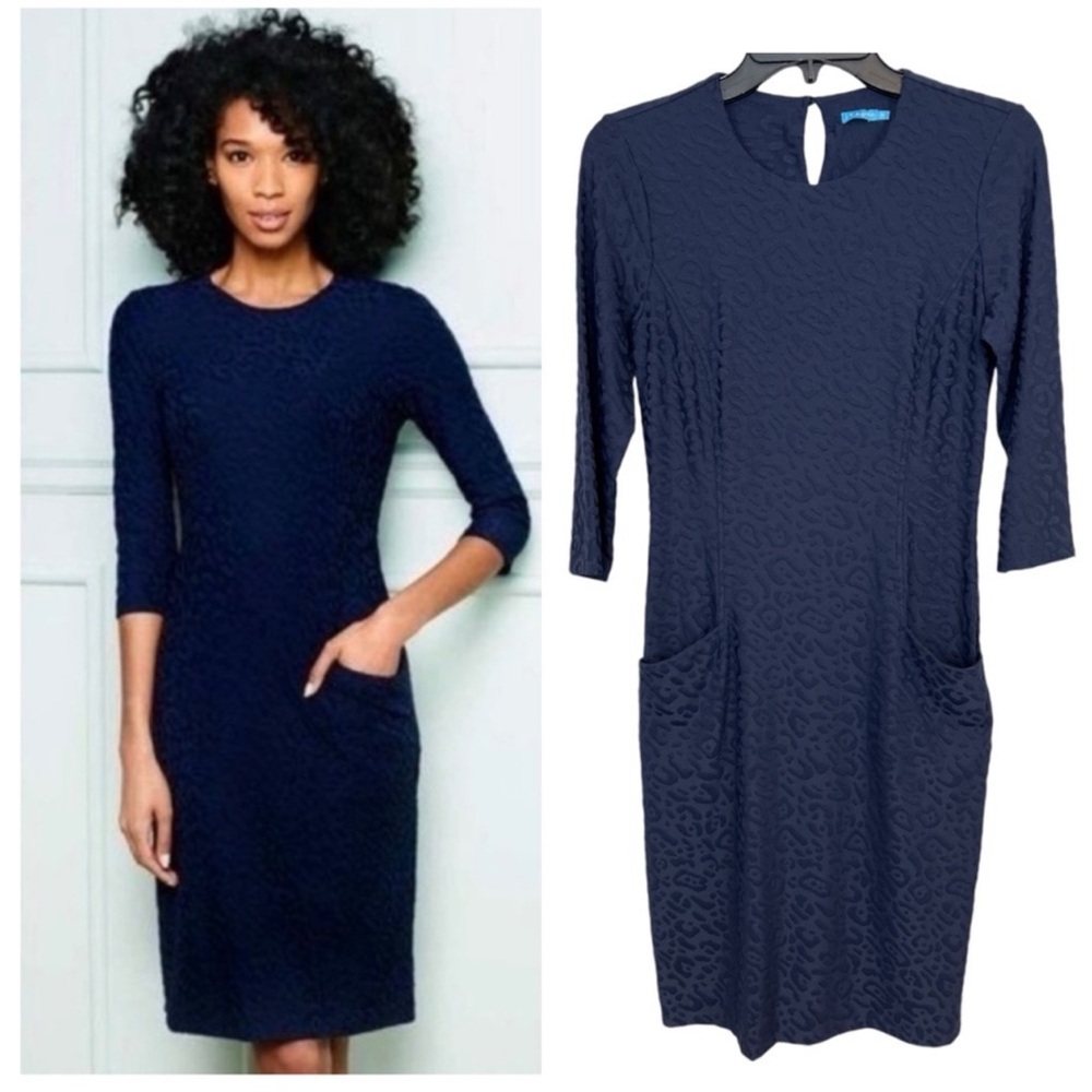 J. McLaughlin Navy Catalina Cloth Textured Catalyst Dress 3/4 Sleeve Pockets